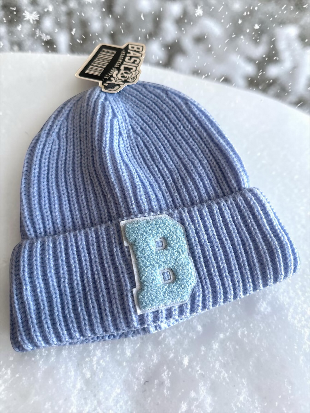 B-Is-TheBrand baby blue wool blend ribbed beanie with a matching tonal B logo patch on the cuff