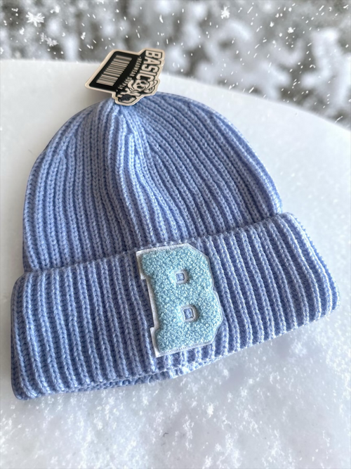 B-Is-TheBrand baby blue wool blend ribbed beanie with a matching tonal B logo patch on the cuff