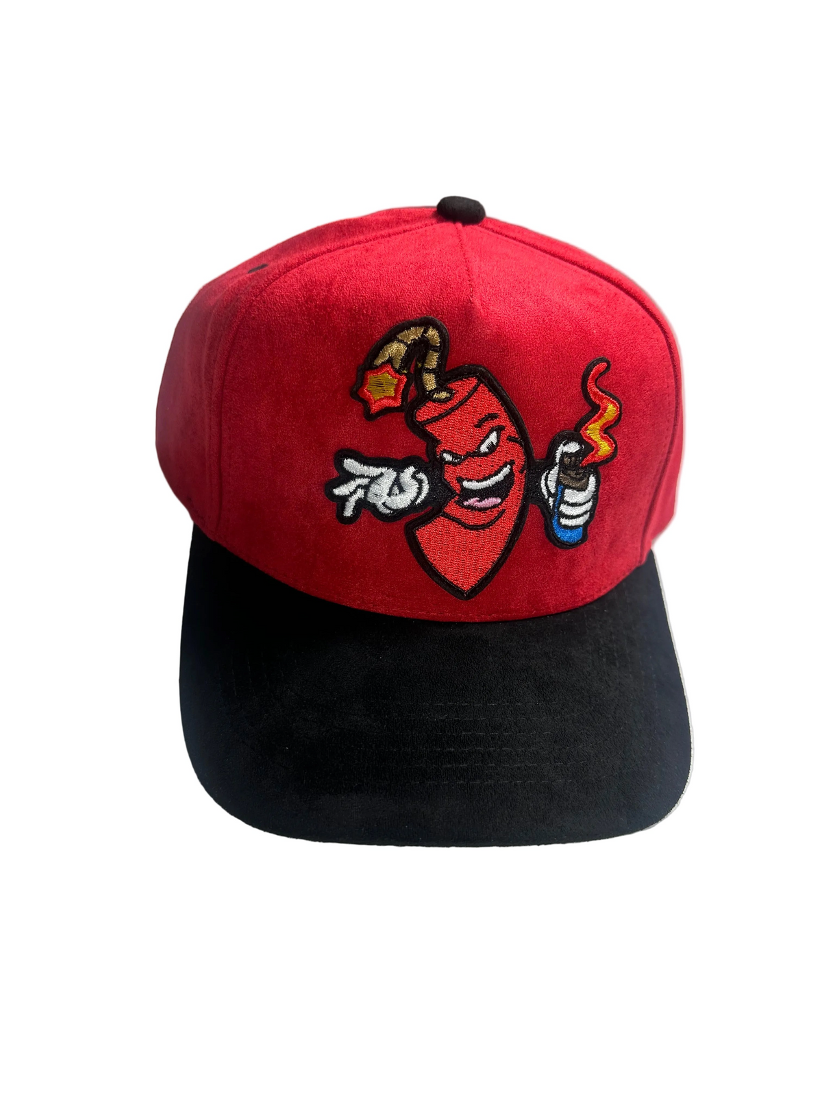 B-Is-TheBrand Firecracker baseball cap in red suede with a black brim and embroidered firecracker character graphic.