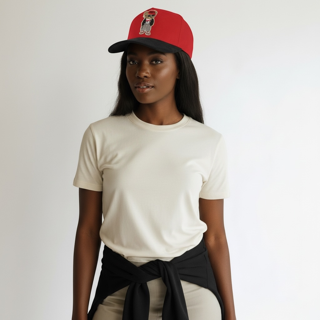 A model wearing a B-Is-TheBrand Hustle Bear baseball cap with a red crown, black brim, and urban bear patch.
