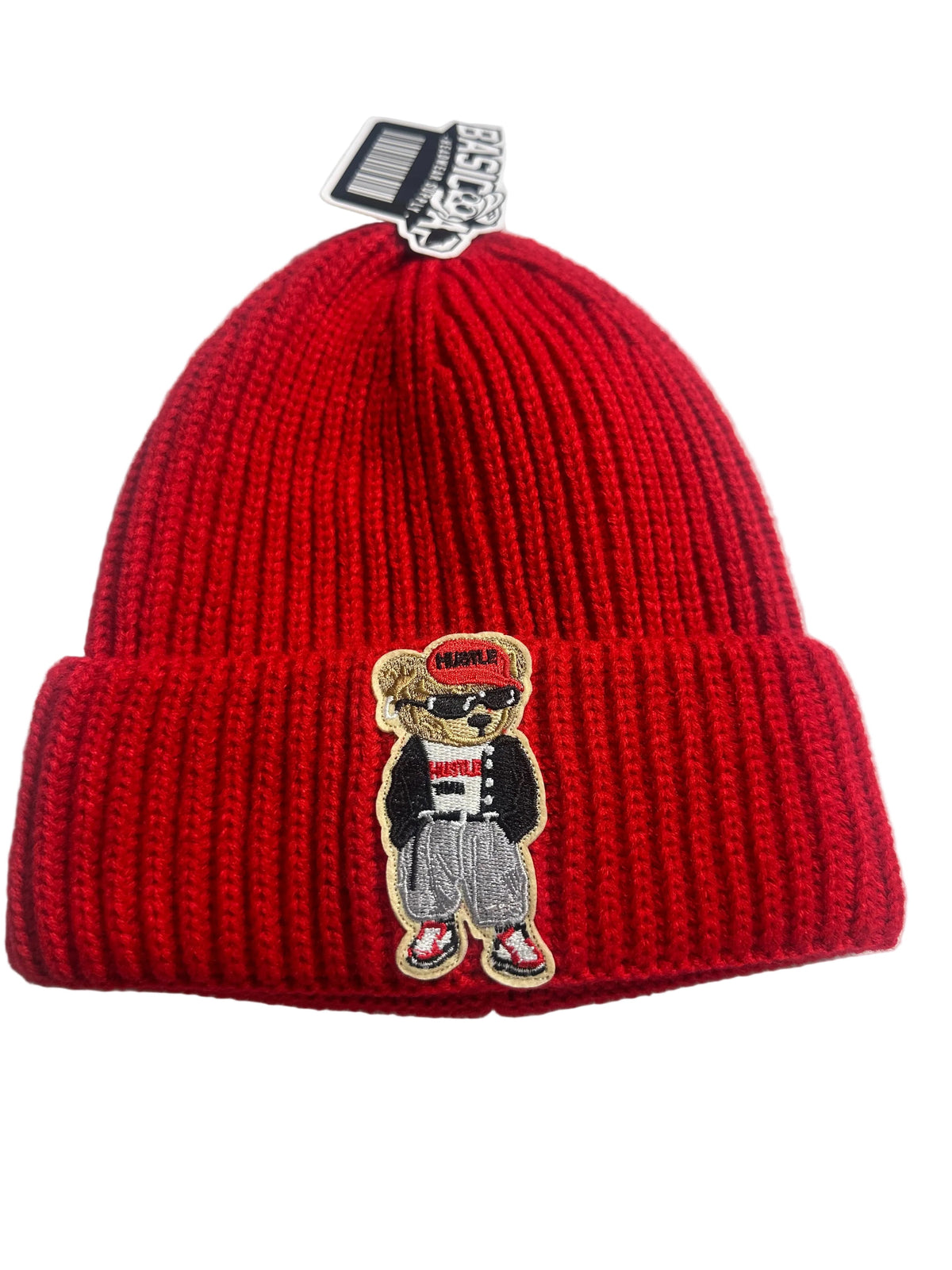 B-Is-TheBrand red ribbed knit beanie featuring a stitched Hustle Bear patch with sunglasses and streetwear style