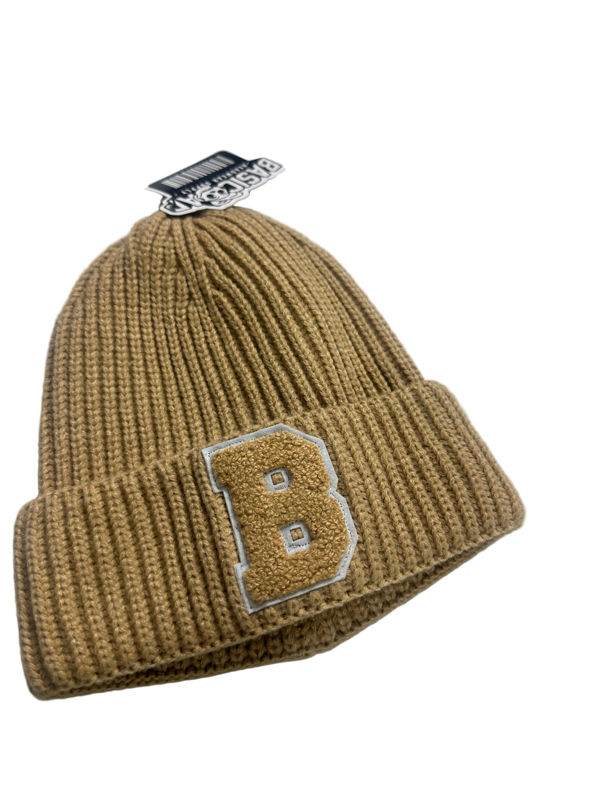 B-Is-TheBrand sand brown ribbed knit beanie with a textured letter B patch on the front cuff